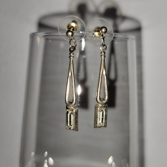 Vintage Silver Tone Earrings Drop Dangle Sparkly Crystal - Picture 1 of 5